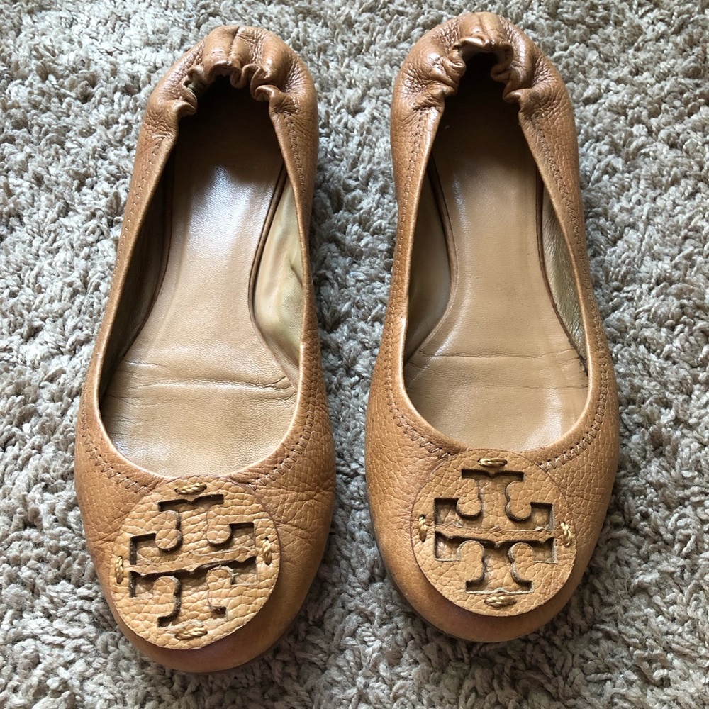 Tory Burch Brown Reva Leather Flats Size Shoes 9.5